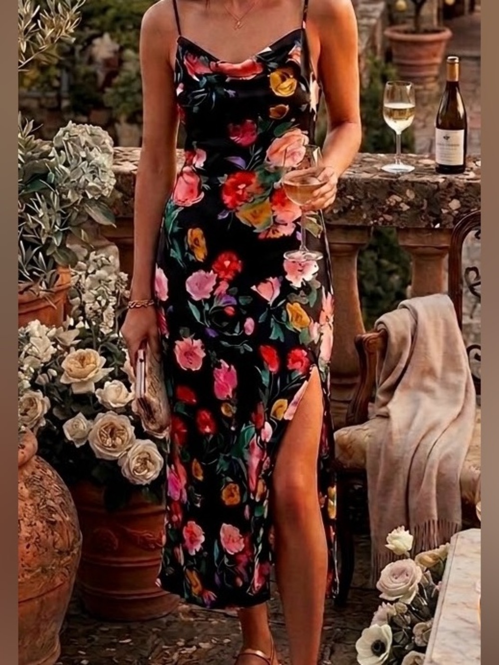 ASTR Black Floral Satin Midi Slip Dress with Multicolor Blooms/High Slit: Medium